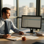 Il responsabile IT analizza i rischi sui dati secondo la normativa ISO 27001 nel suo ufficio direzionale.