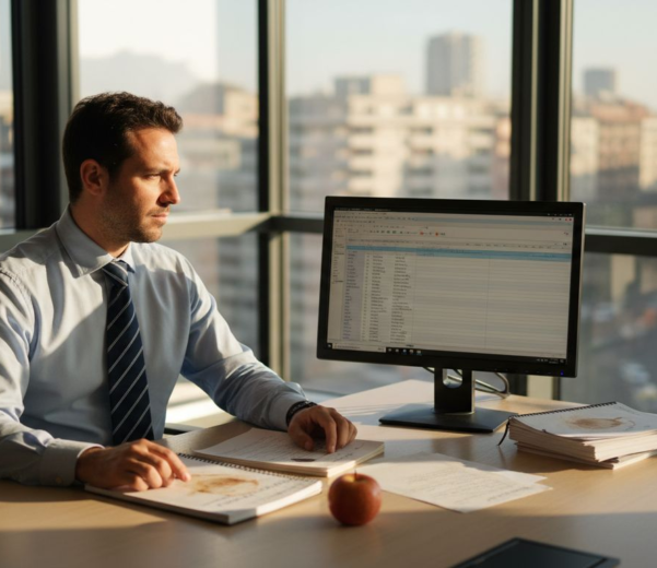 Il responsabile IT analizza i rischi sui dati secondo la normativa ISO 27001 nel suo ufficio direzionale.