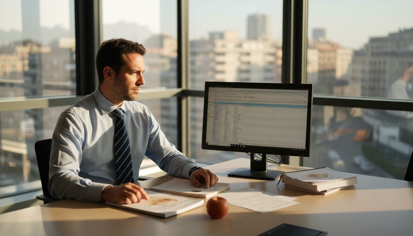Il responsabile IT analizza i rischi sui dati secondo la normativa ISO 27001 nel suo ufficio direzionale.