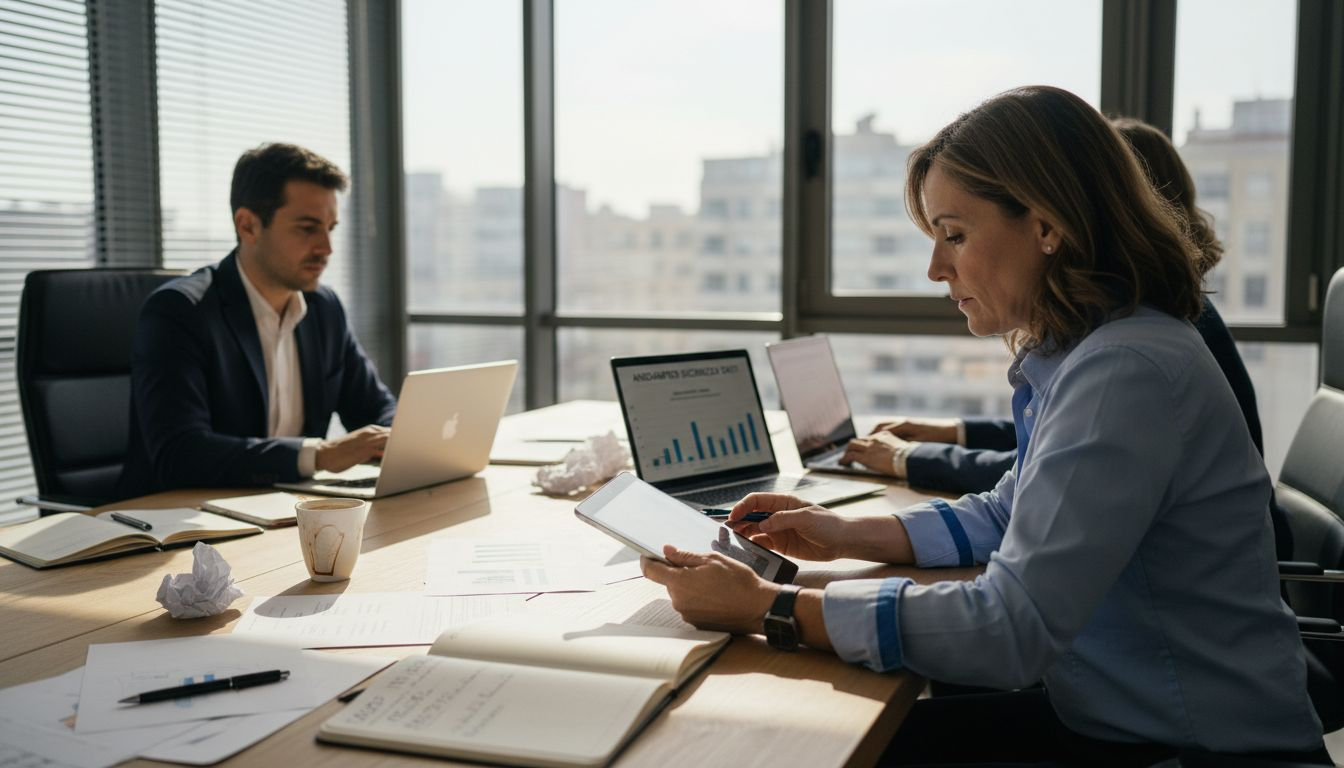 Il responsabile IT e il suo team si riuniscono in ufficio per analizzare e verificare le misure di sicurezza dei dati.