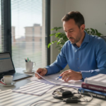 Il responsabile IT mentre controlla la documentazione sulla sicurezza nel suo piccolo ufficio.