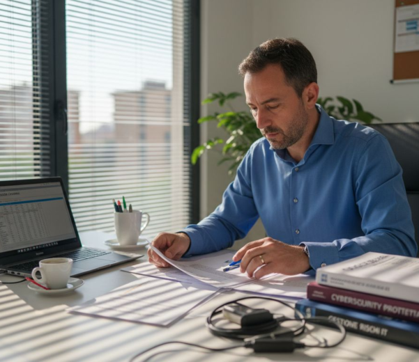 Il responsabile IT mentre controlla la documentazione sulla sicurezza nel suo piccolo ufficio.