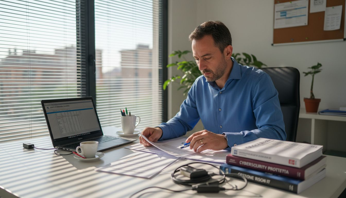 Il responsabile IT mentre controlla la documentazione sulla sicurezza nel suo piccolo ufficio.