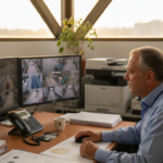 Il responsabile della sicurezza supervisiona il sistema di videosorveglianza all’interno degli uffici di una piccola o media impresa.