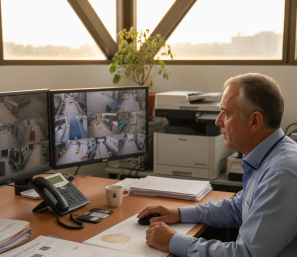 Il responsabile della sicurezza supervisiona il sistema di videosorveglianza all’interno degli uffici di una piccola o media impresa.