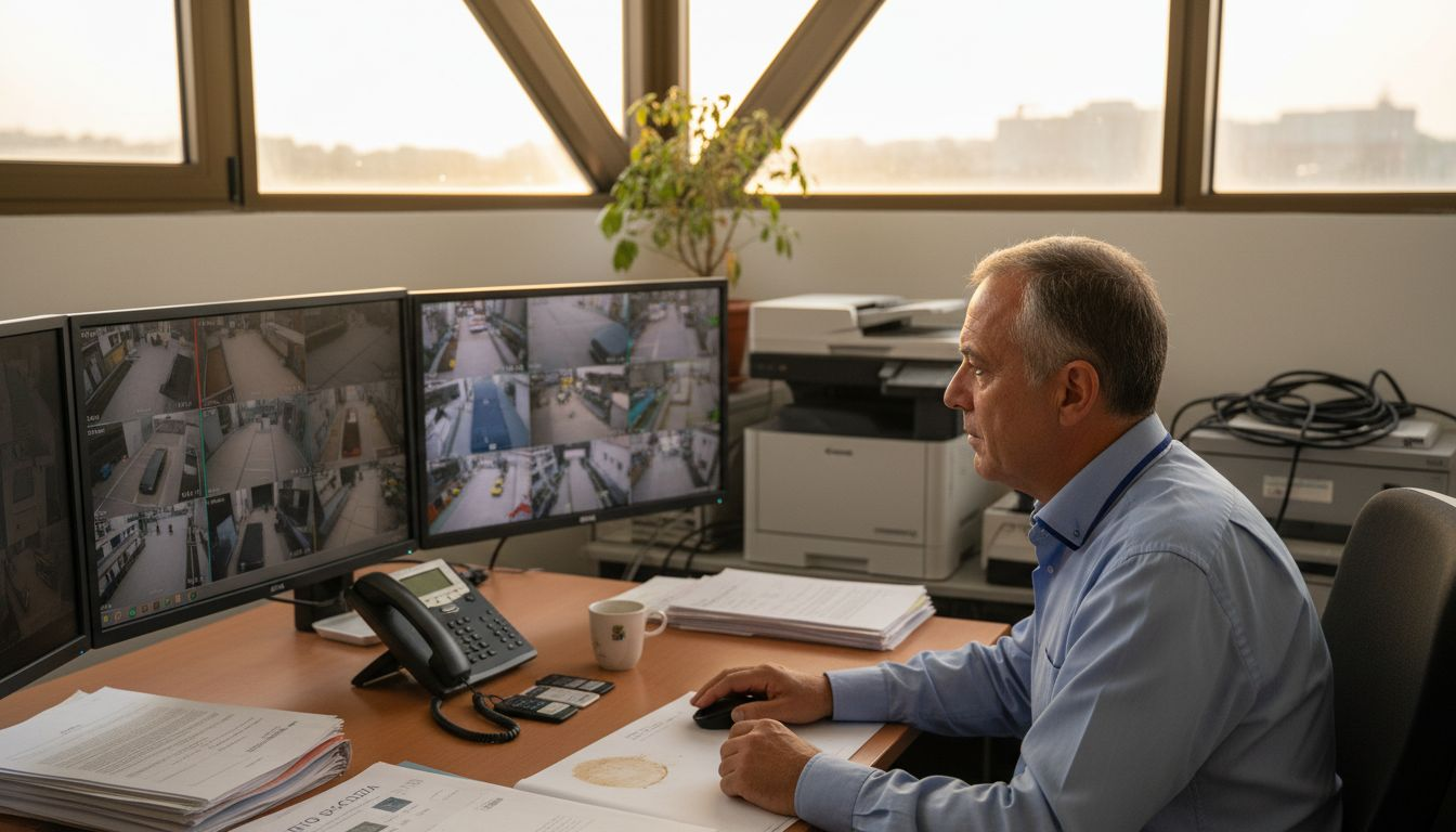 Il responsabile della sicurezza supervisiona il sistema di videosorveglianza all’interno degli uffici di una piccola o media impresa.