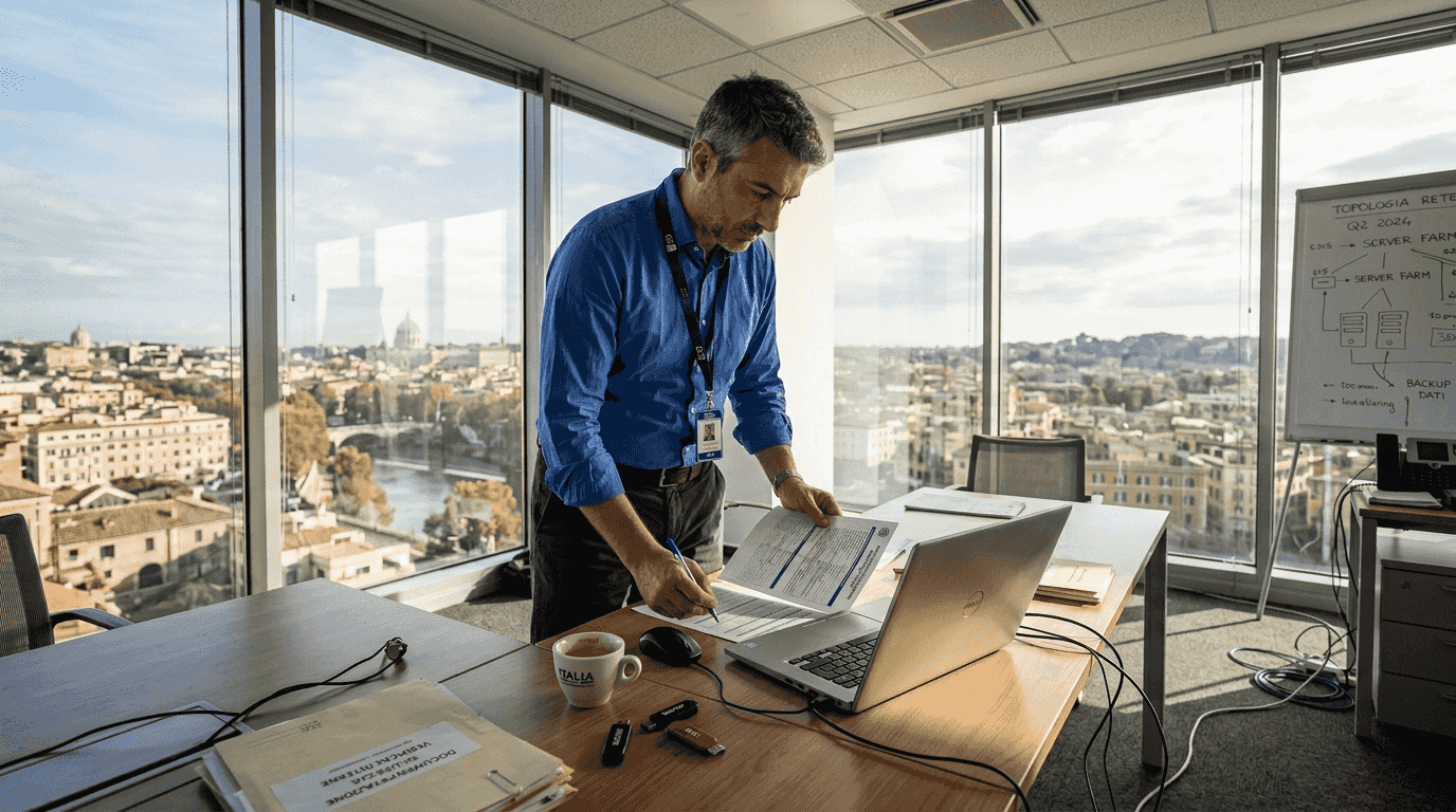 Responsabile IT che controlla una checklist ISO alla scrivania