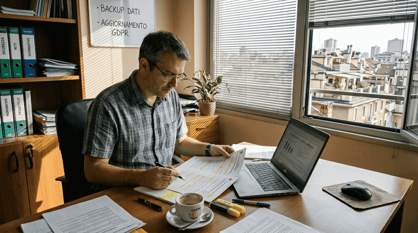 Il responsabile IT sta esaminando la lista di controllo ISO 27017 nel suo ufficio, concentrandosi sugli aspetti fondamentali della sicurezza informatica per la sua azienda.