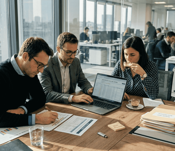 Il team della sicurezza si riunisce in ufficio per analizzare le valutazioni dei rischi.