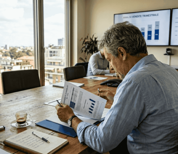 Un imprenditore esamina i report sulla sicurezza all’interno dell’ufficio.