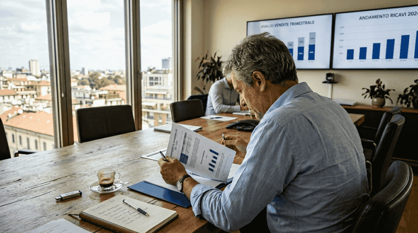 Un imprenditore esamina i report sulla sicurezza all’interno dell’ufficio.