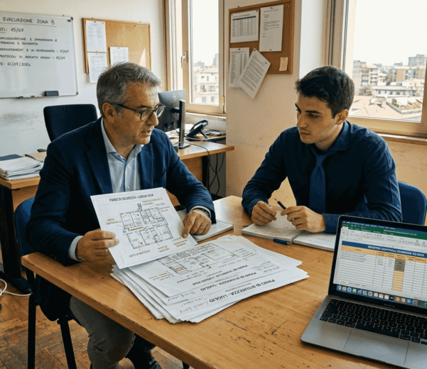Due colleghi stanno valutando insieme le misure di sicurezza sul posto di lavoro.