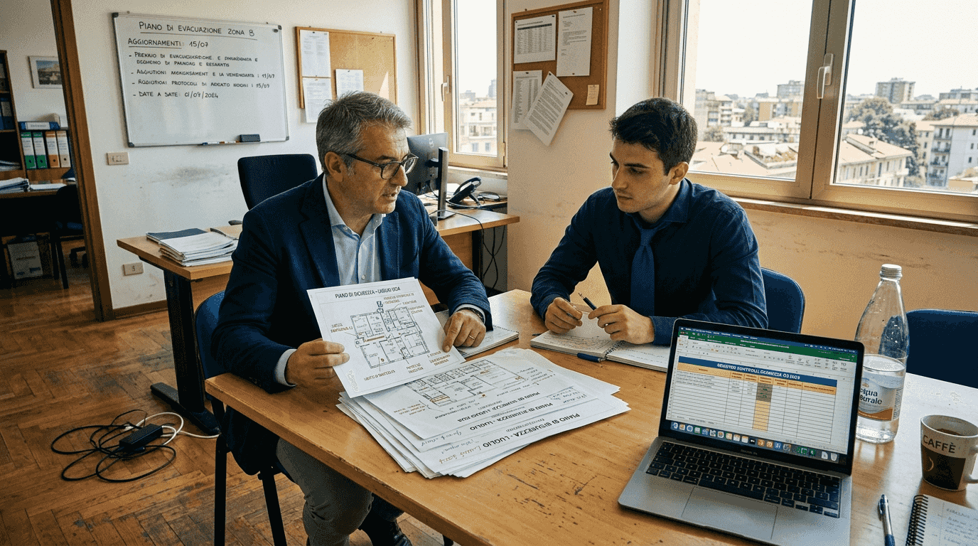 Due colleghi stanno valutando insieme le misure di sicurezza sul posto di lavoro.