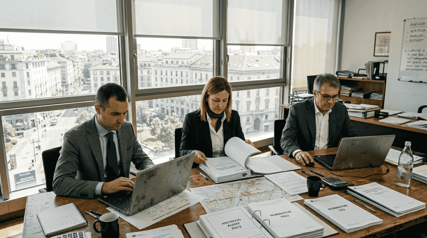 Un team al lavoro in ufficio per esaminare i risultati dell’audit di sicurezza ISO 27001.