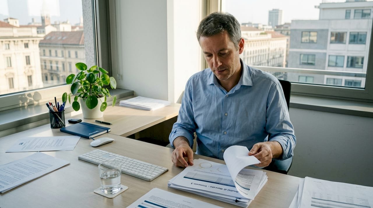 Un uomo consulta dei documenti relativi alla sicurezza nelle piccole e medie imprese.