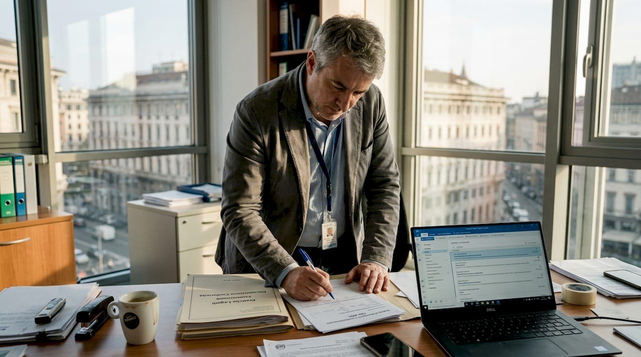 Il responsabile della conformità sta esaminando la documentazione ISO per verificarne la correttezza e l’aderenza agli standard.