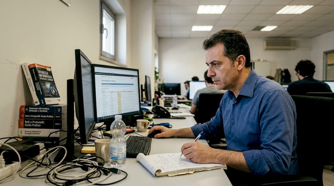 Il responsabile IT analizza un report sulle vulnerabilità alla sua scrivania in ufficio.