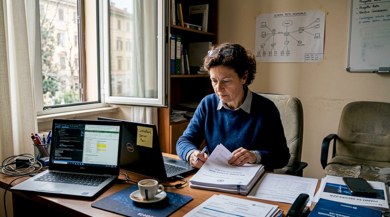 Il responsabile di una PMI che esamina la documentazione relativa alla certificazione ISO 27001