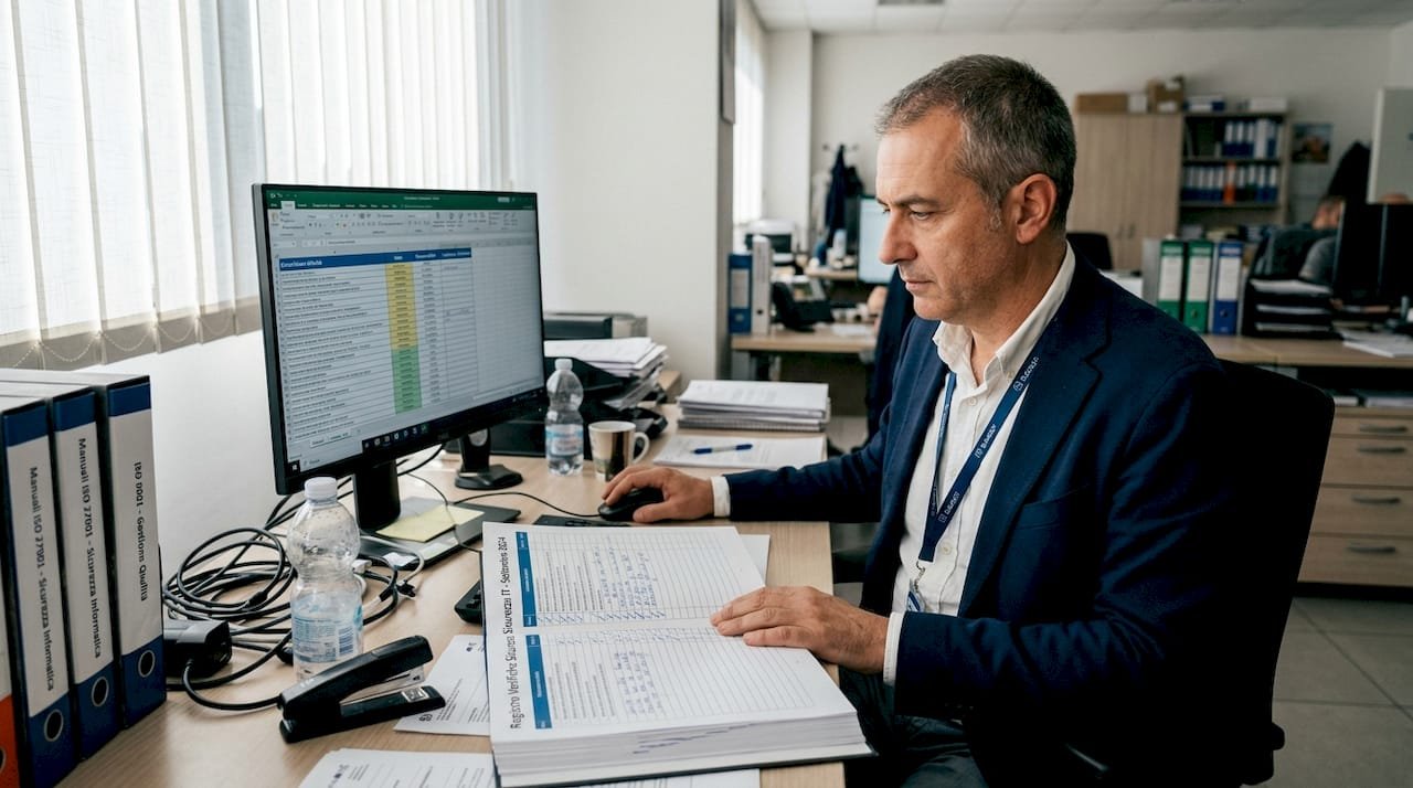 Il responsabile IT sta esaminando i documenti relativi alla checklist di audit per assicurarsi che tutti i requisiti siano rispettati.