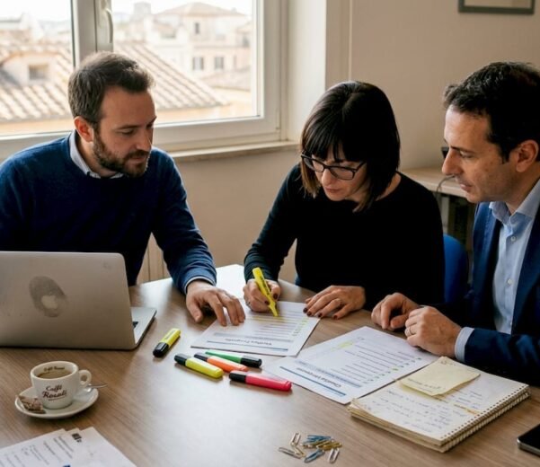 Un gruppo di lavoro esamina insieme la documentazione della checklist ISO in una piccola sala riunioni.