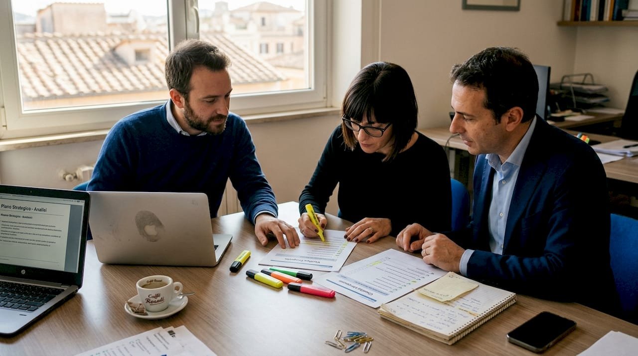 Un gruppo di lavoro esamina insieme la documentazione della checklist ISO in una piccola sala riunioni.