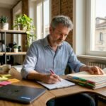 Un manager alle prese con la sistemazione di documenti riservati sulla propria scrivania.