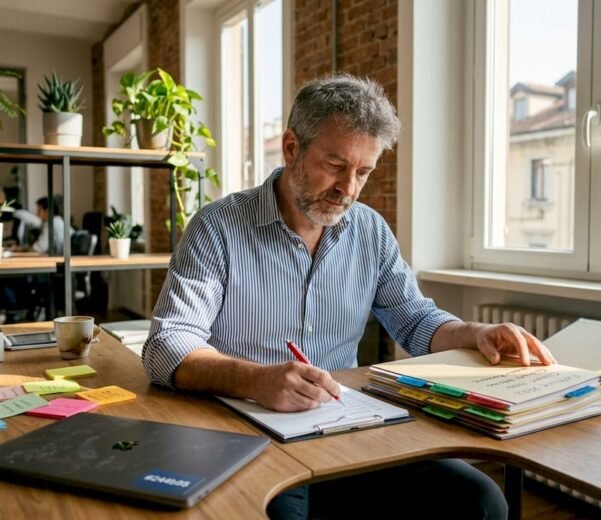 Un manager alle prese con la sistemazione di documenti riservati sulla propria scrivania.