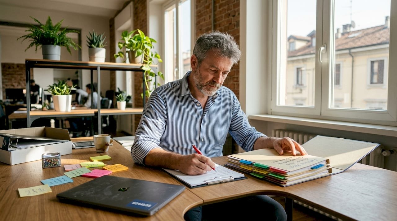 Un manager alle prese con la sistemazione di documenti riservati sulla propria scrivania.