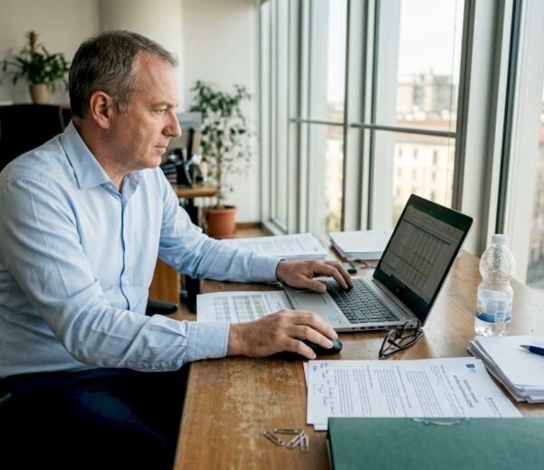 Imprenditore seduto alla scrivania mentre analizza un foglio di calcolo con i dati dell’azienda.