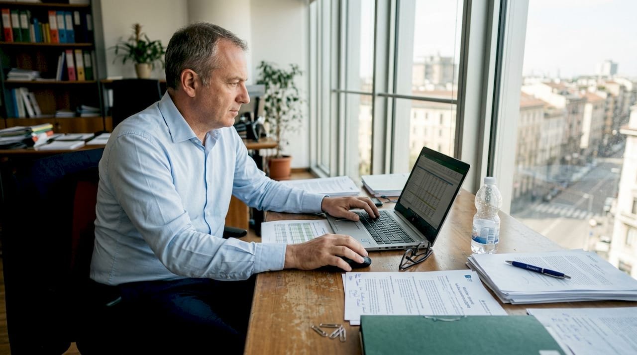 Imprenditore seduto alla scrivania mentre analizza un foglio di calcolo con i dati dell’azienda.