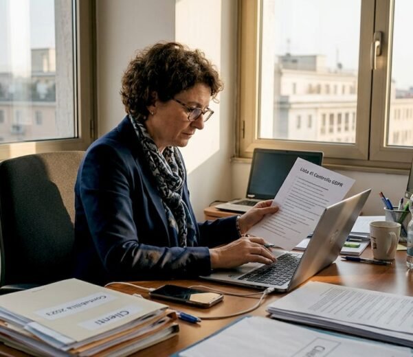 Titolare d’azienda che controlla la checklist GDPR alla scrivania del proprio ufficio