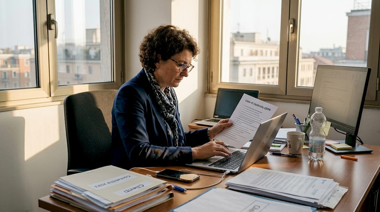 Titolare d’azienda che controlla la checklist GDPR alla scrivania del proprio ufficio