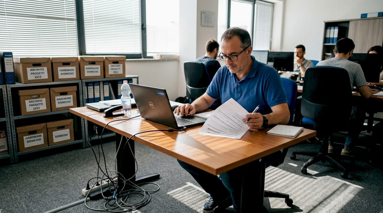 Il responsabile IT controlla la lista di controllo della sicurezza nel suo ufficio.