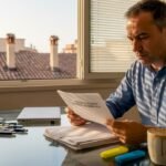 Un imprenditore si dedica alla lettura delle linee guida sulla sicurezza informatica per proteggere la propria azienda.