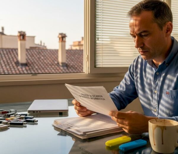 Un imprenditore si dedica alla lettura delle linee guida sulla sicurezza informatica per proteggere la propria azienda.