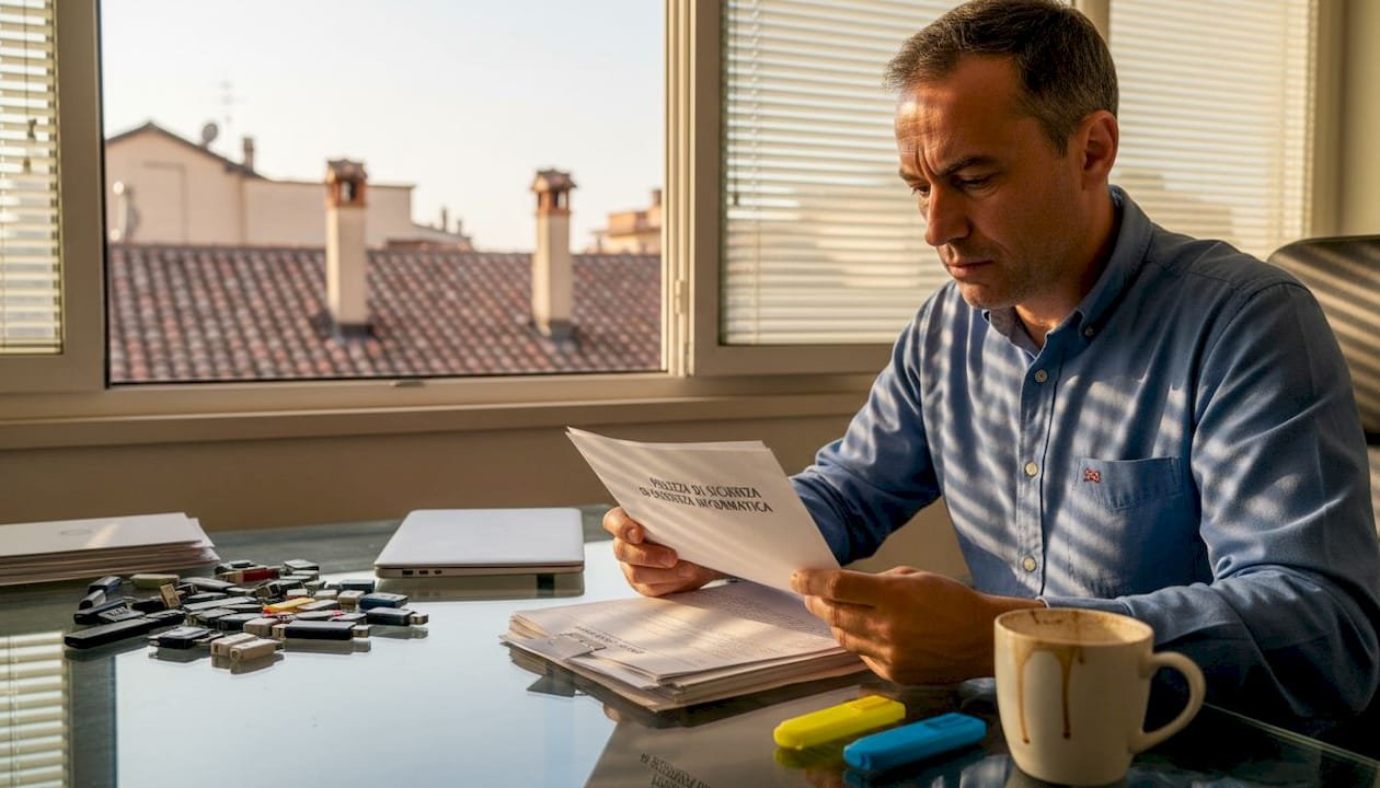 Un imprenditore si dedica alla lettura delle linee guida sulla sicurezza informatica per proteggere la propria azienda.