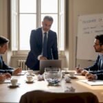 Il responsabile illustra le misure di sicurezza nella sala riunioni delle PMI