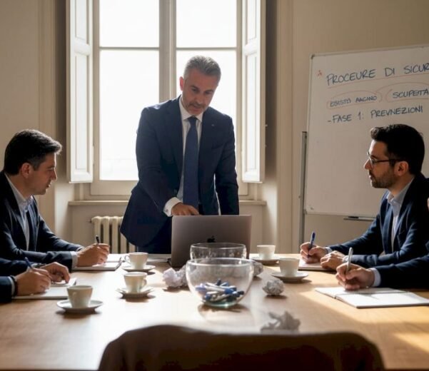 Il responsabile illustra le misure di sicurezza nella sala riunioni delle PMI