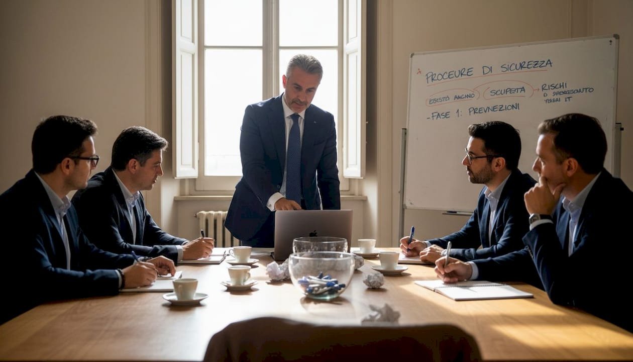 Il responsabile illustra le misure di sicurezza nella sala riunioni delle PMI