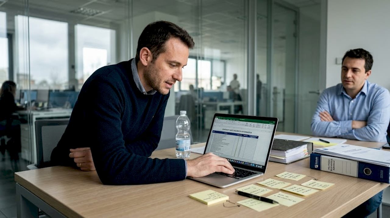 Consulente informatico alle prese con la revisione della checklist per la sicurezza.