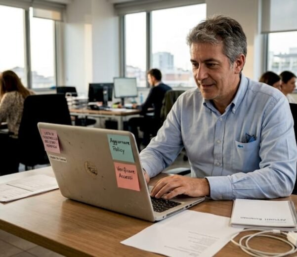 Un responsabile sta esaminando la checklist ISO 27001 alla sua scrivania in ufficio.