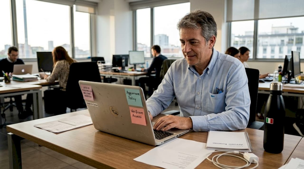 Un responsabile sta esaminando la checklist ISO 27001 alla sua scrivania in ufficio.