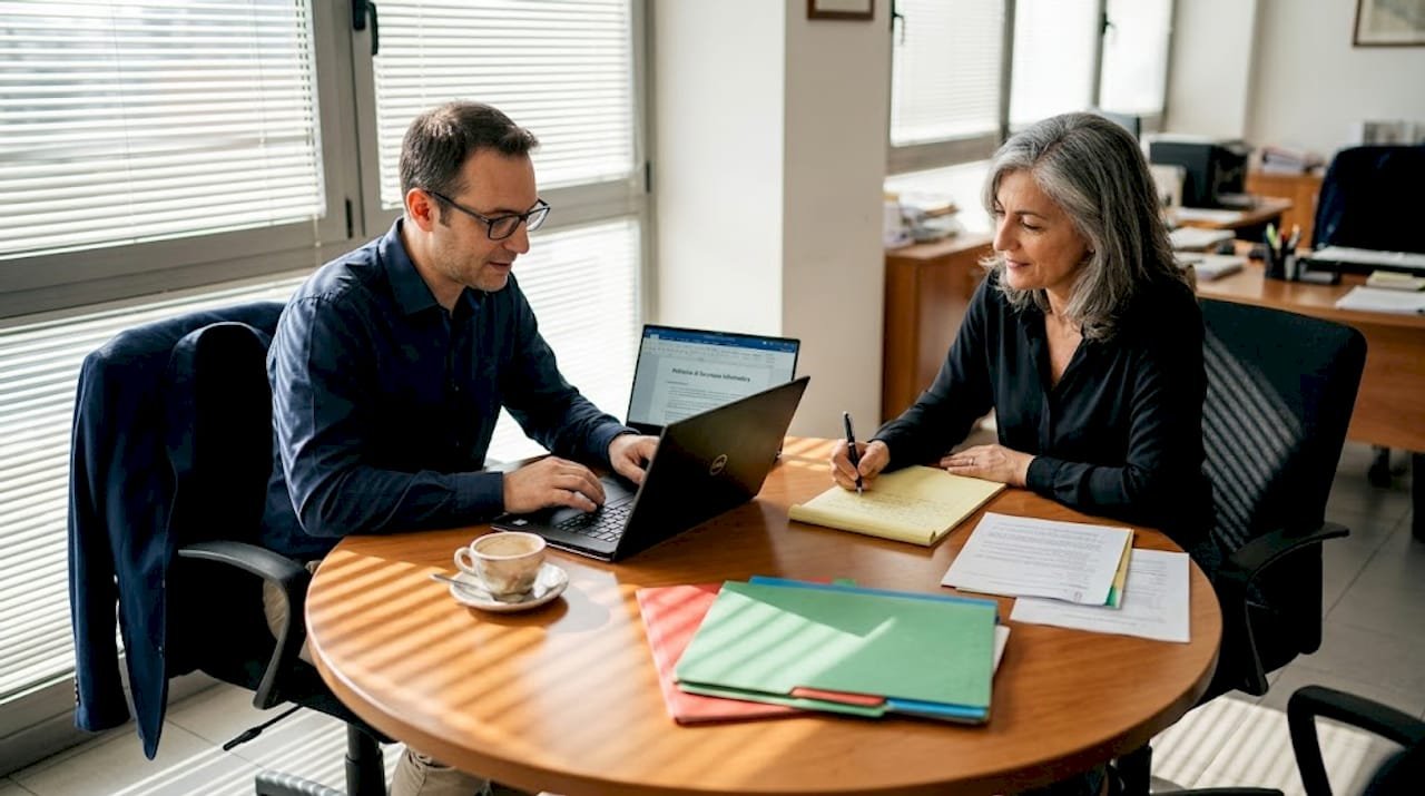 Il responsabile IT e il titolare dell’azienda si confrontano sulle strategie per garantire la sicurezza informatica.