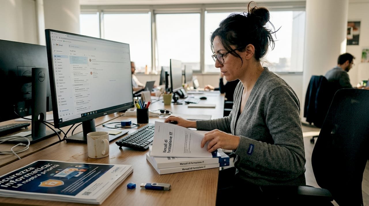 Il responsabile IT sta valutando i materiali dedicati alla sensibilizzazione sulla sicurezza informatica.