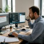 Un tecnico informatico sta leggendo una comunicazione sulla sicurezza all’interno dell’ufficio.