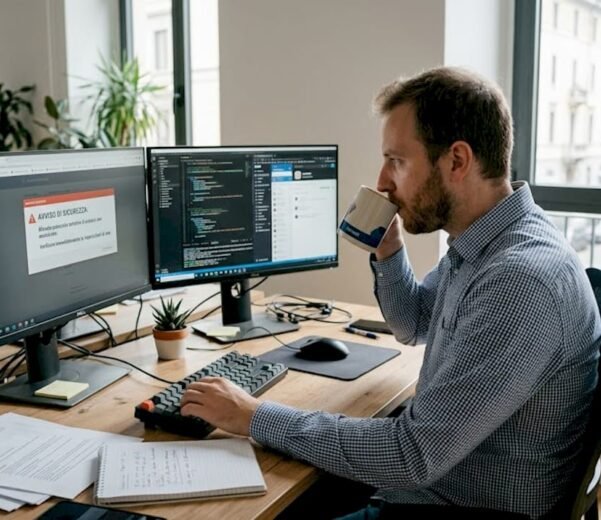 Un tecnico informatico sta leggendo una comunicazione sulla sicurezza all’interno dell’ufficio.