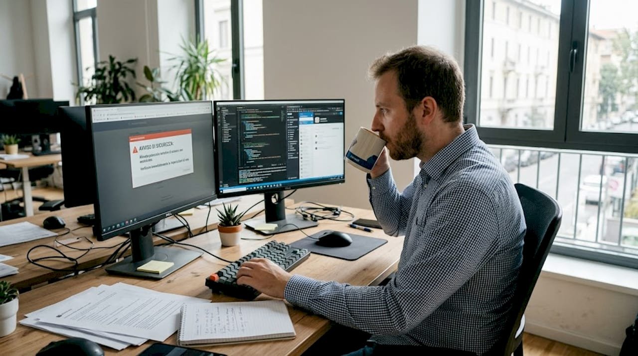 Un tecnico informatico sta leggendo una comunicazione sulla sicurezza all’interno dell’ufficio.