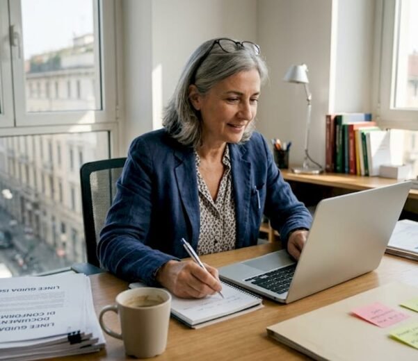 Titolare di una piccola impresa che controlla la documentazione necessaria per ottenere una certificazione