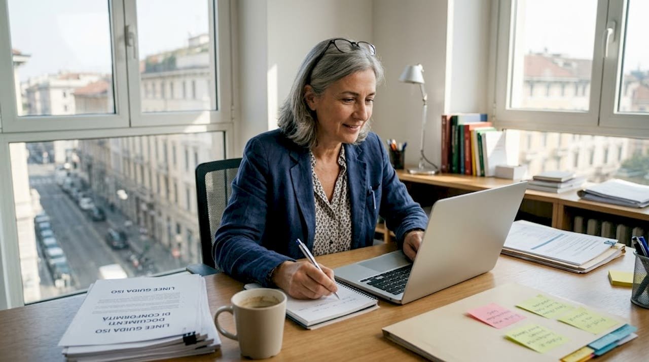 Titolare di una piccola impresa che controlla la documentazione necessaria per ottenere una certificazione