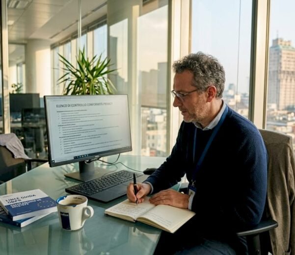 Il responsabile della privacy al lavoro nel suo ufficio privato, immerso nei documenti e nelle decisioni delicate.